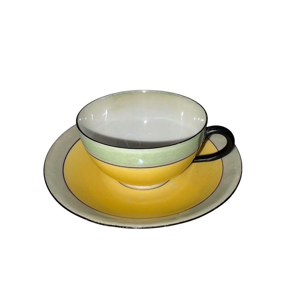 J Rieber Bavaria Selb Mitterteich Tea Cup Saucer Yellow Green Art Deco Vintage